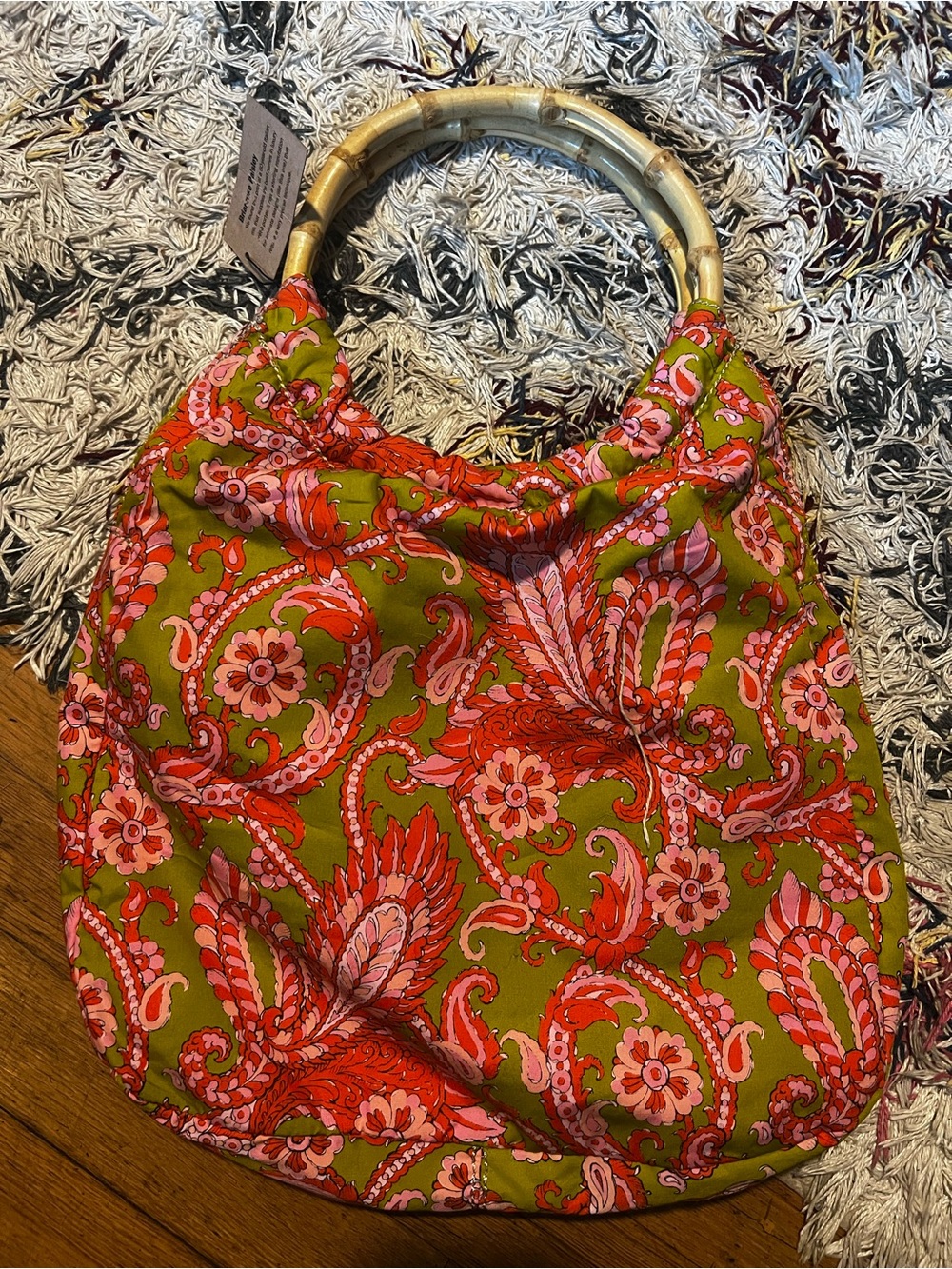 J. Crew Green Floral Paisley Bamboo-Handle Women's purse tote NWT